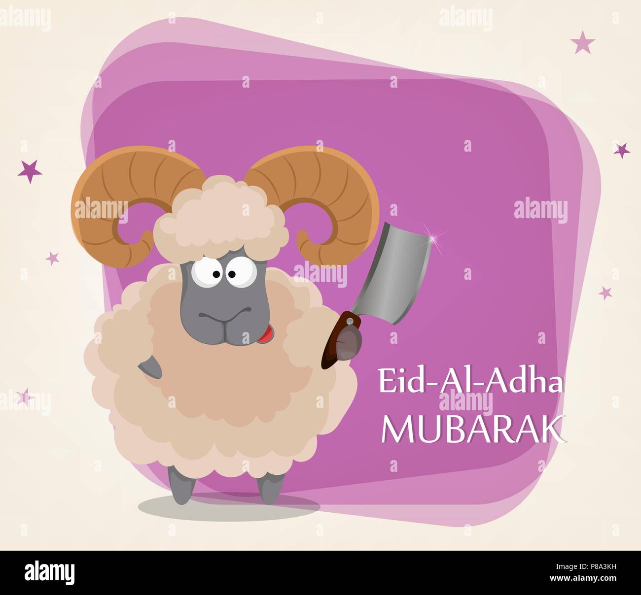 Festival of sacrifice Eid al-Adha. Traditional muslin holiday. Greeting card with funny ram holding cleaver. Vector illustration on abstract violet ba Stock Vector