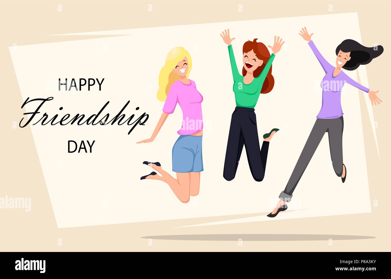 Happy Friendship day greeting card, poster or banner. Three cheerful friends  jumping high, cartoon characters for holiday. Colorful vector illustratio  Stock Vector Image & Art - Alamy