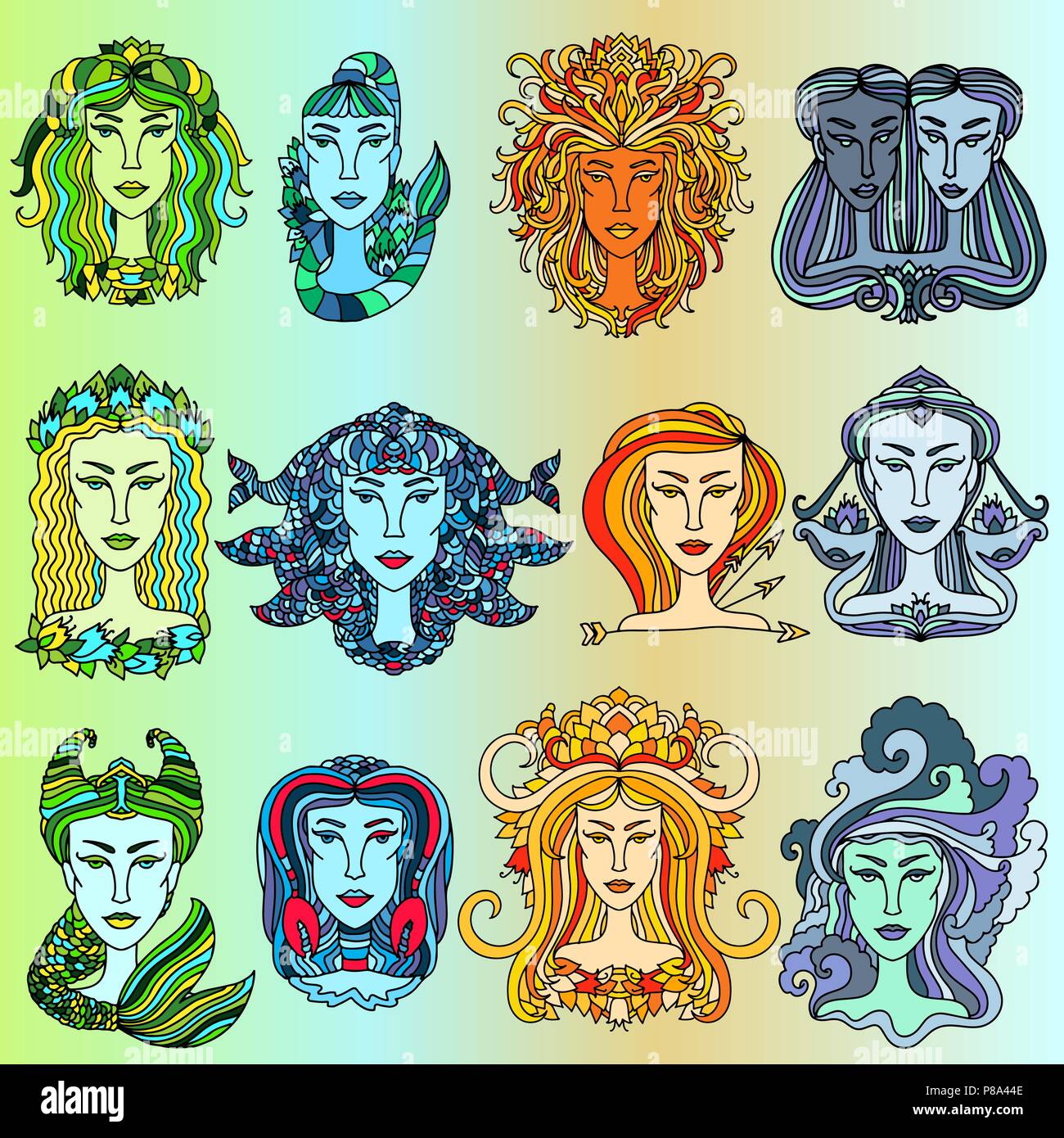 Zodiac sign girls set. Simple horoscope collection. Vector illustration. Stock Vector