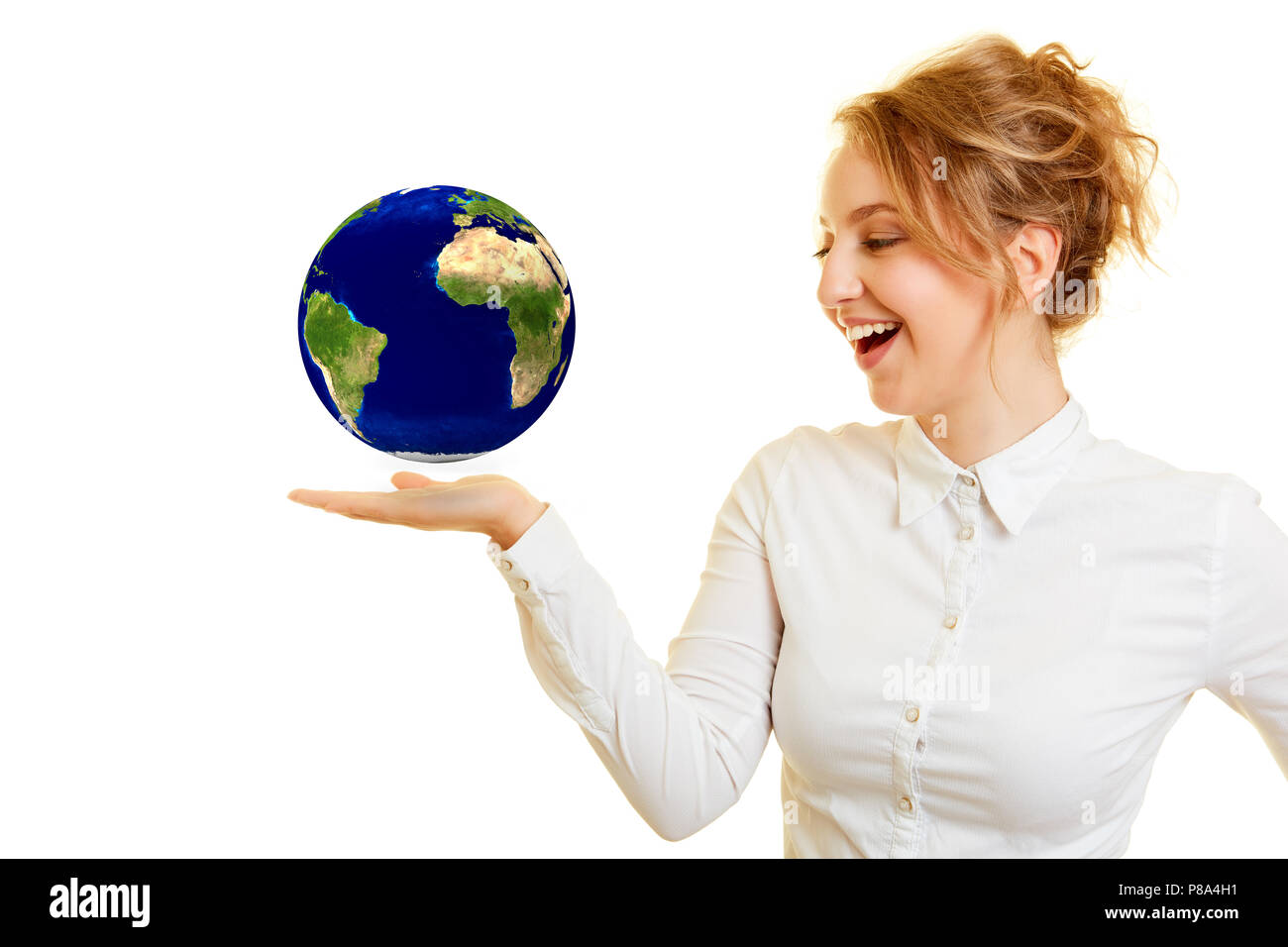 Young woman with hovering globe on palm as environmentalism concept Stock Photo
