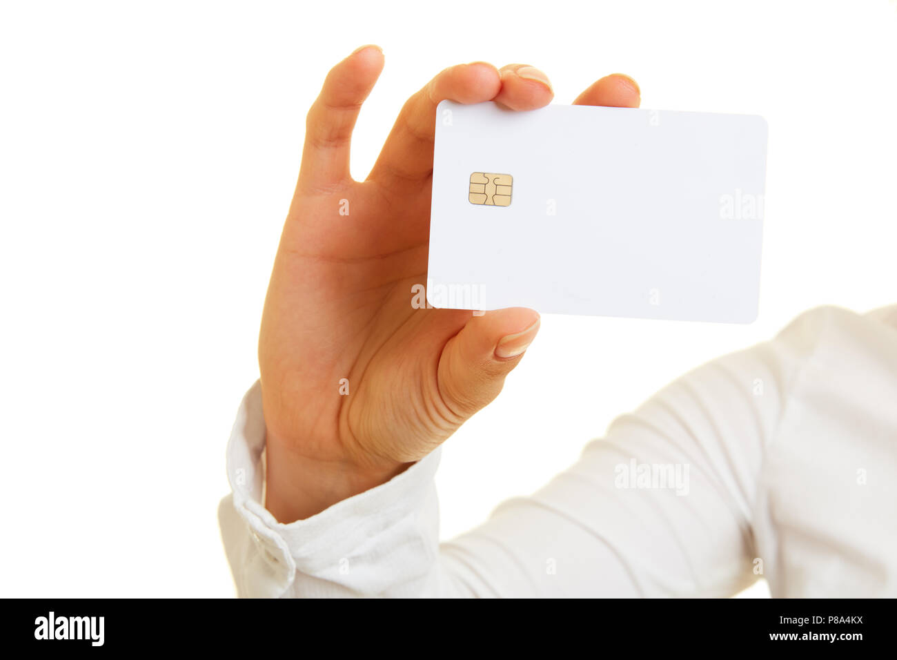 Hand holds blank smart card money card health card smartcard Stock Photo