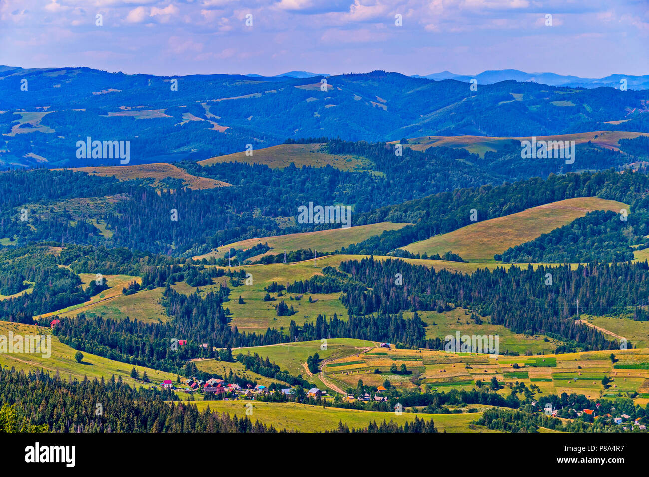 picturesque landscape of wooded hills with grassy bumps and squares of agricultural  land . For your design Stock Photo - Alamy
