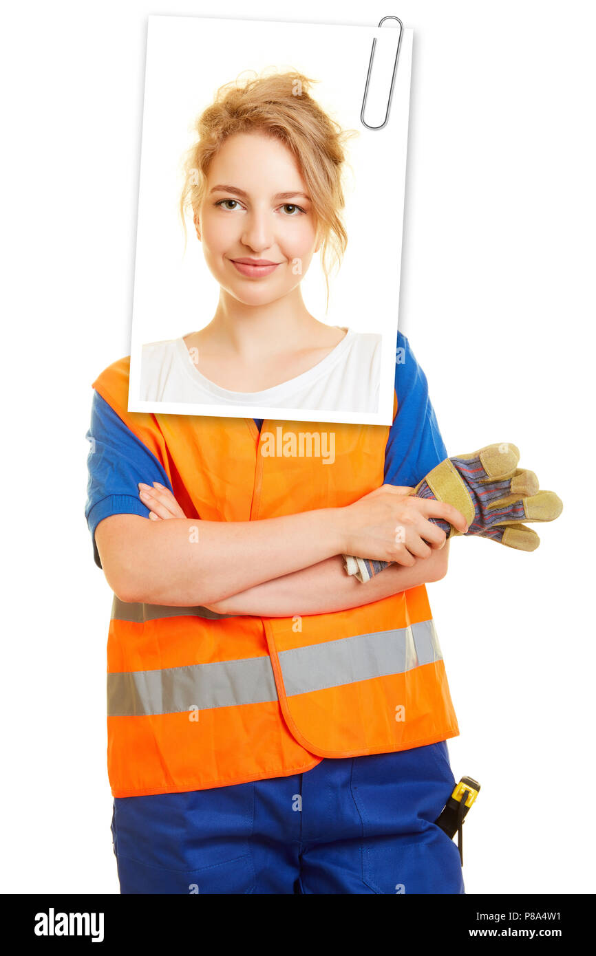 Application photo of a woman for training as a road builder or construction worker Stock Photo