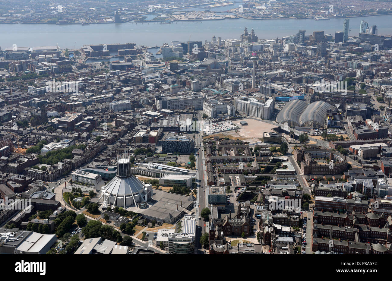 aerial view of the Liverpool skyline, including the Mersey & Catholic Cathedral Stock Photo
