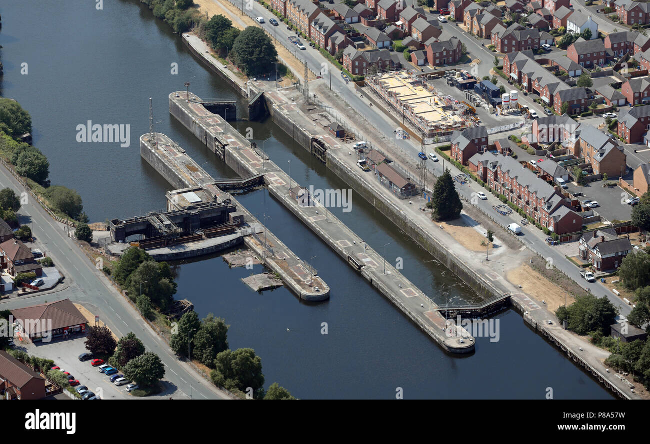 aerial view of a major lock on the Manchester Ship Canal at Latchford