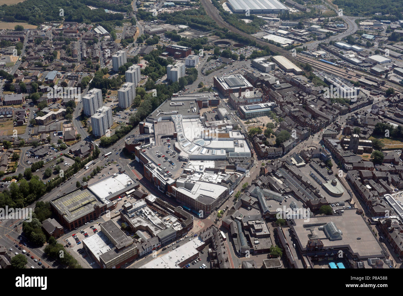 aerial view of Wigan town centre from the North, UK Stock Photo