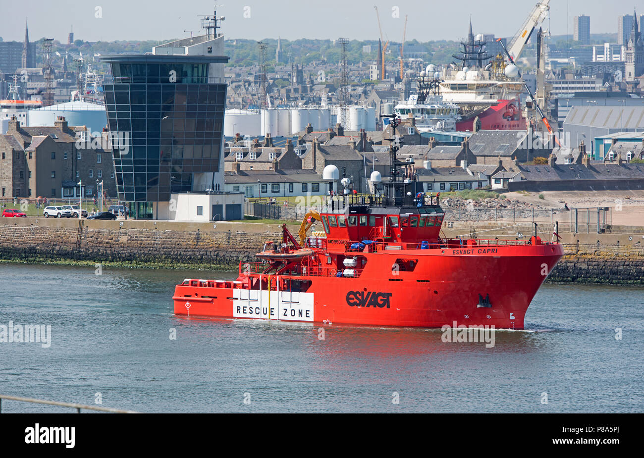 Built in Singapore the Esvagt Capri makes its way out from Aberdeen harbour by the local till 1mile out Stock Photo -