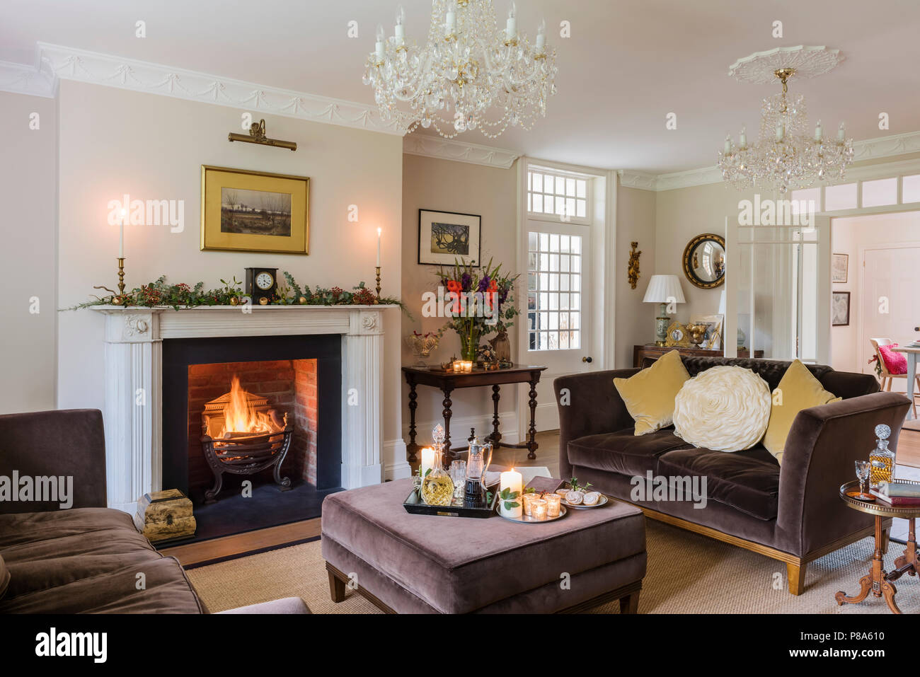 Brown Velvet Sofa With Yellow Cushions In Renovated Regency Living