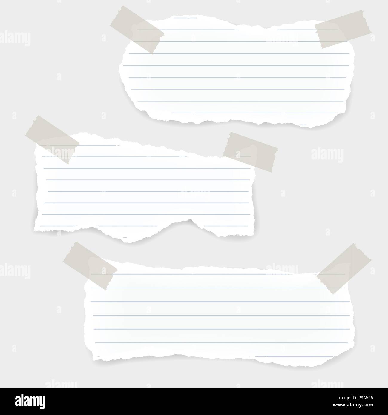 Set of three torn lined papers with glued corners with adhesive tape