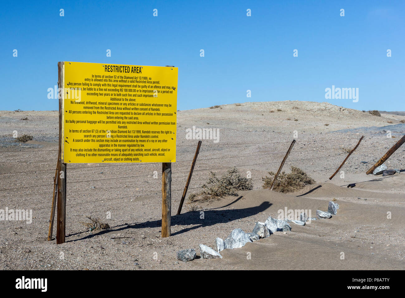 Forbidden area warning sign, Sperrgebiet, near Lüderitz, Namibia, Stock Photo
