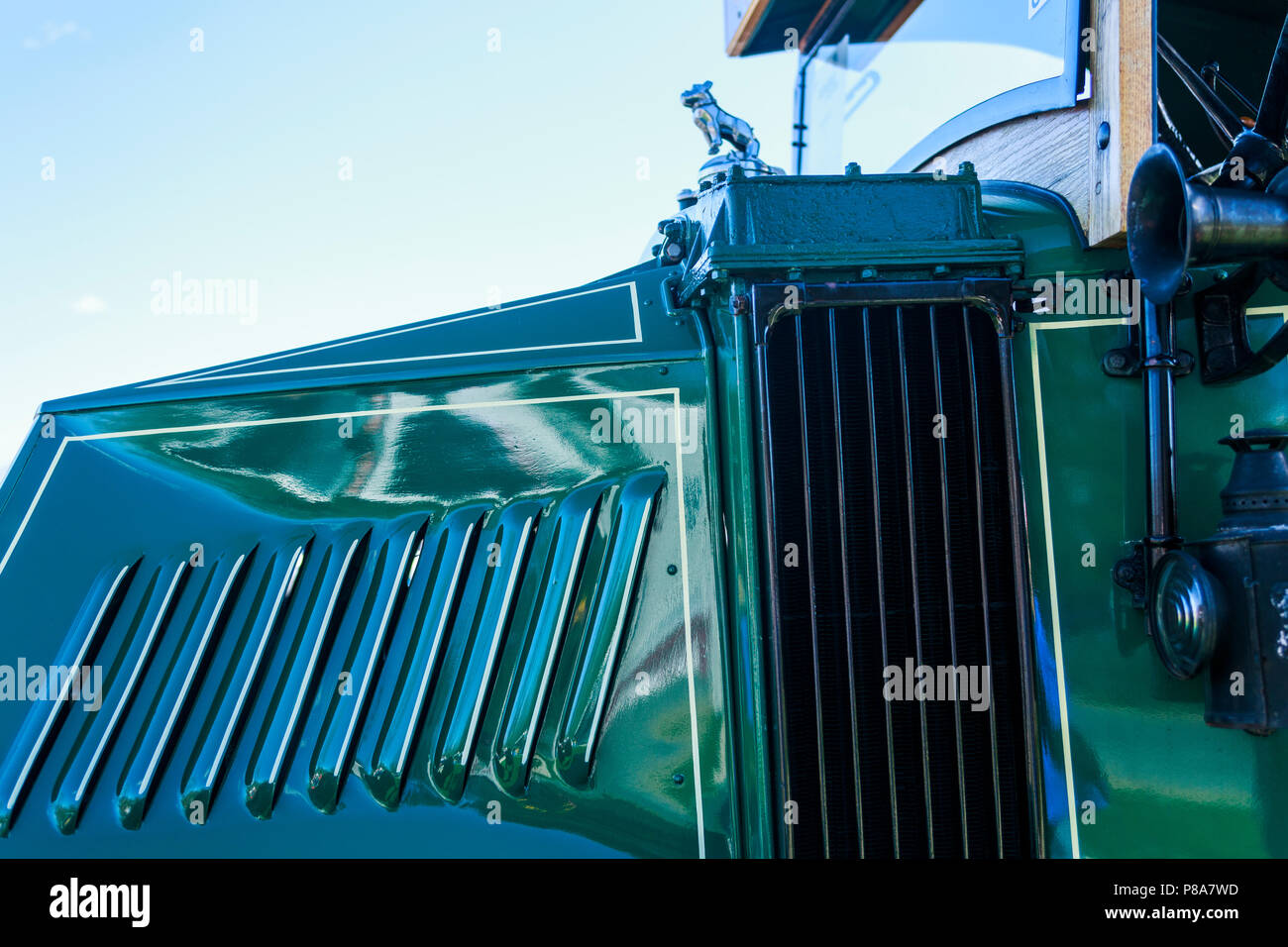 Beautifully-restored 1920s (1926?) Mack Truck detail, showing Bulldog and louvered engine hood, Carlisle, PA 2018 Stock Photo