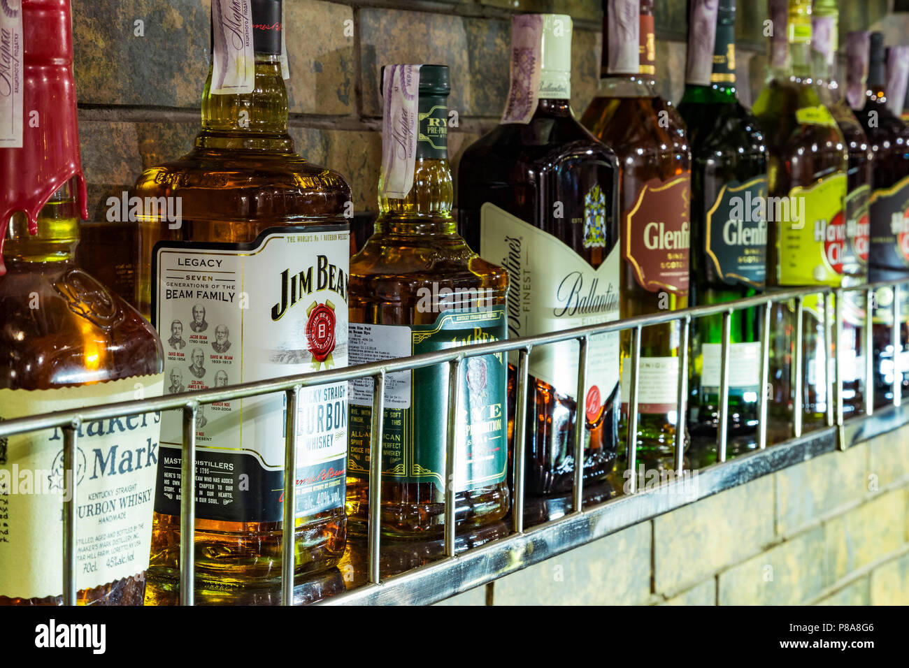 bottles of alcohol on the bar. Sale of alcohol in a restaurant or in a