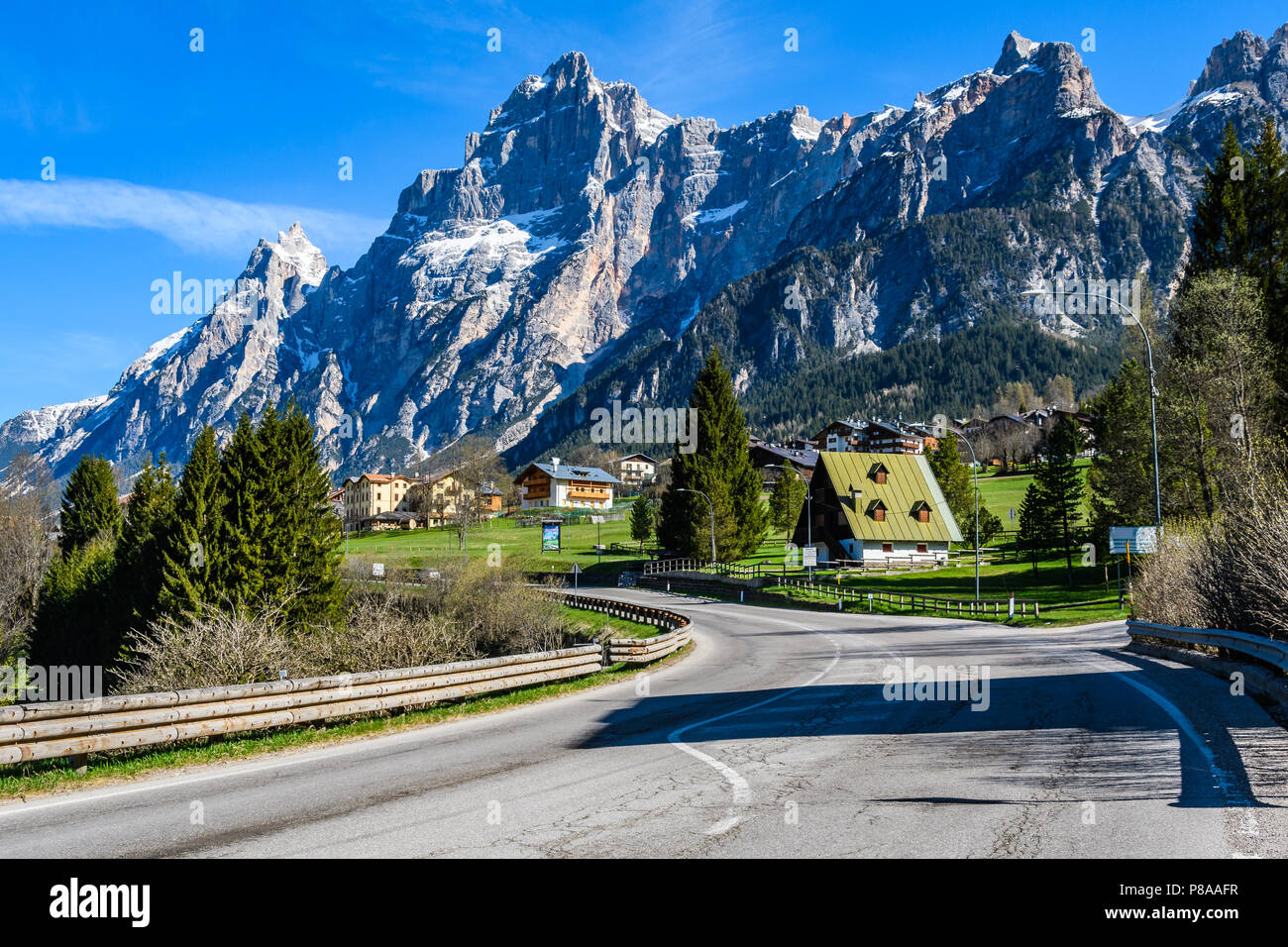 Alpine houses in the Dolomites, Veneto, Region, Italy Stock Photo