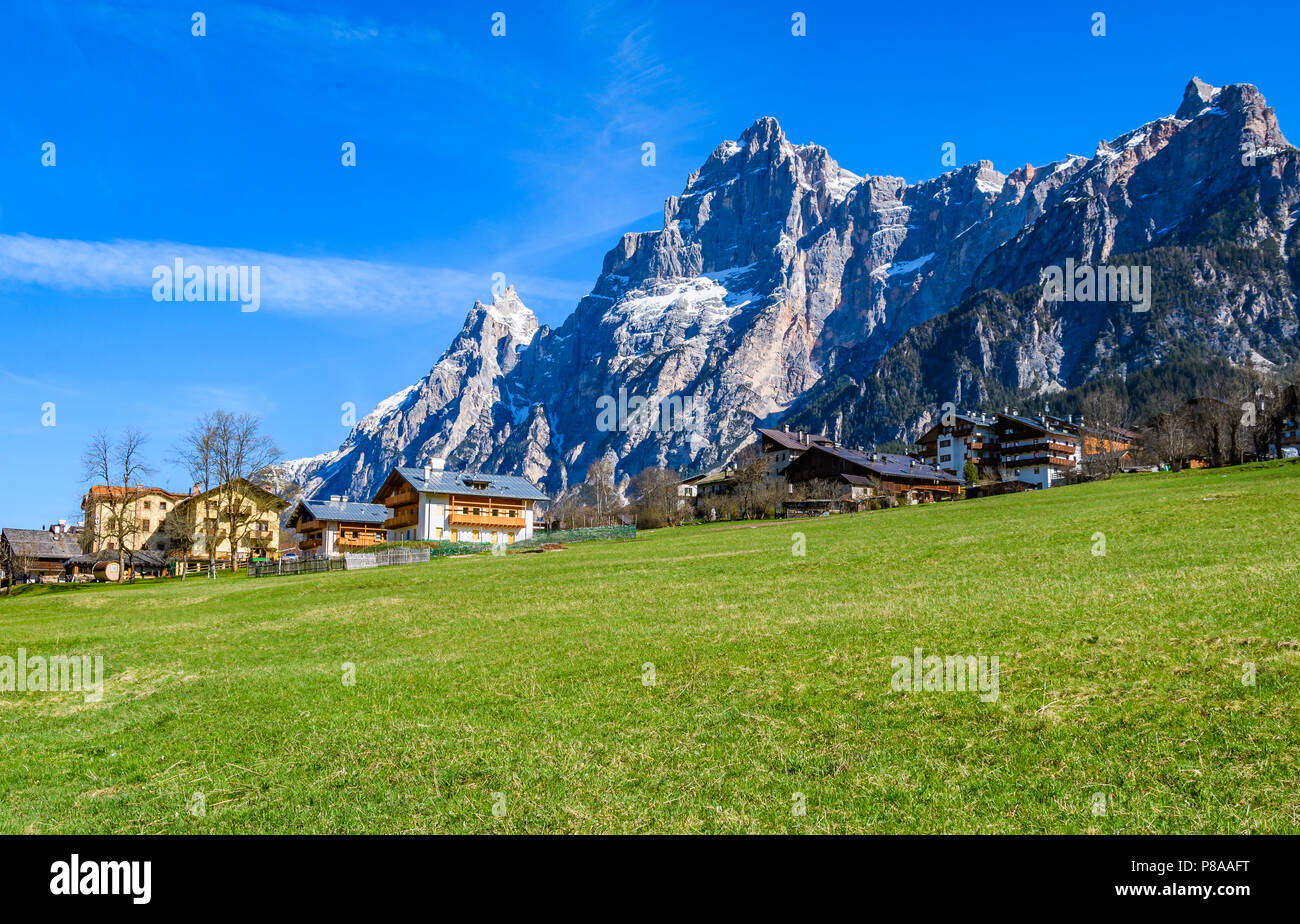 Alpine houses in the Dolomites, Veneto, Region, Italy Stock Photo