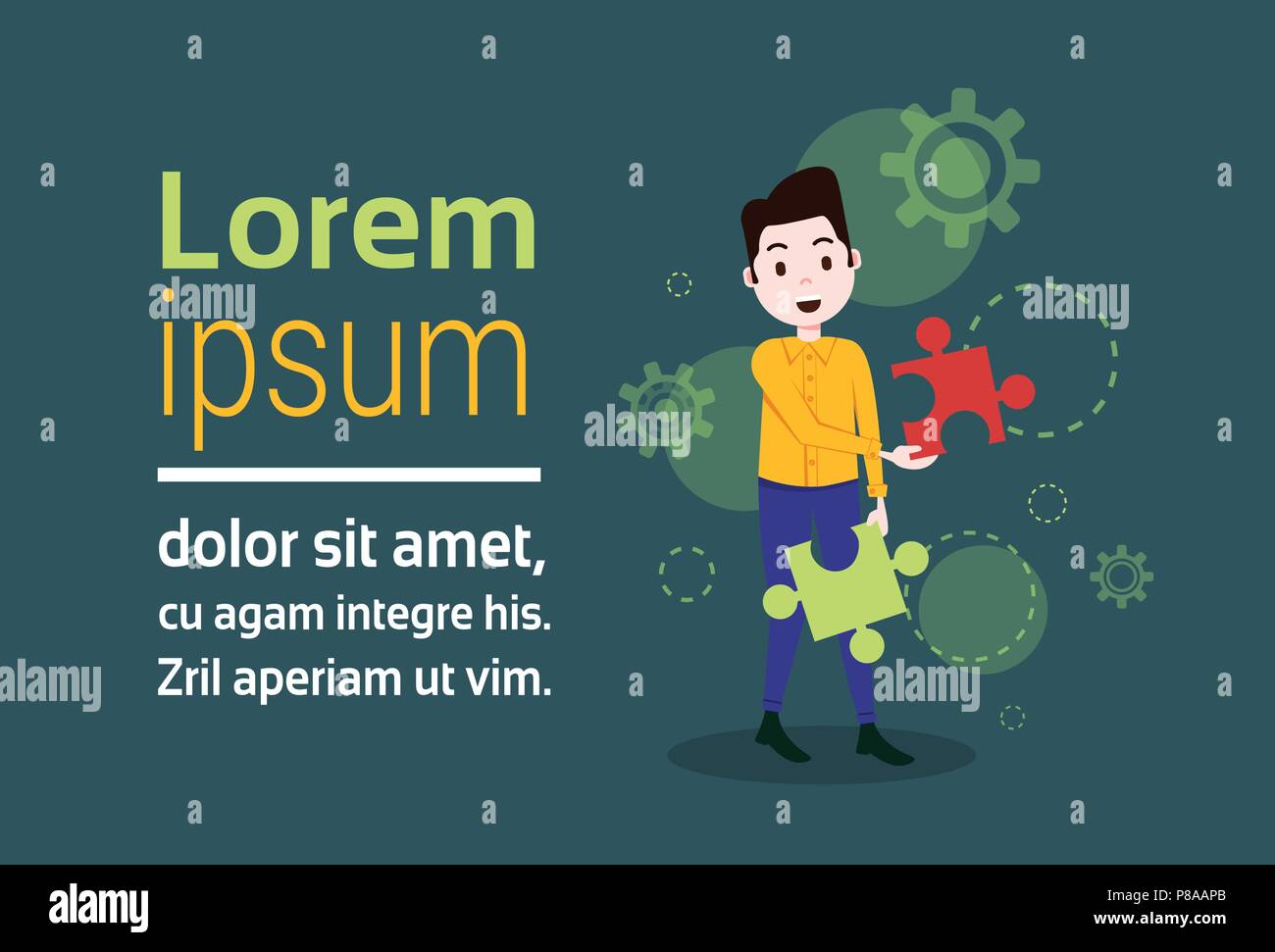 man character putting two pieces puzzle template for design work or ...