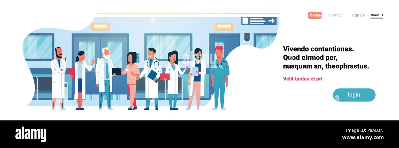 Group Doctors Hospital Corridor Diverse Medical Workers Modern