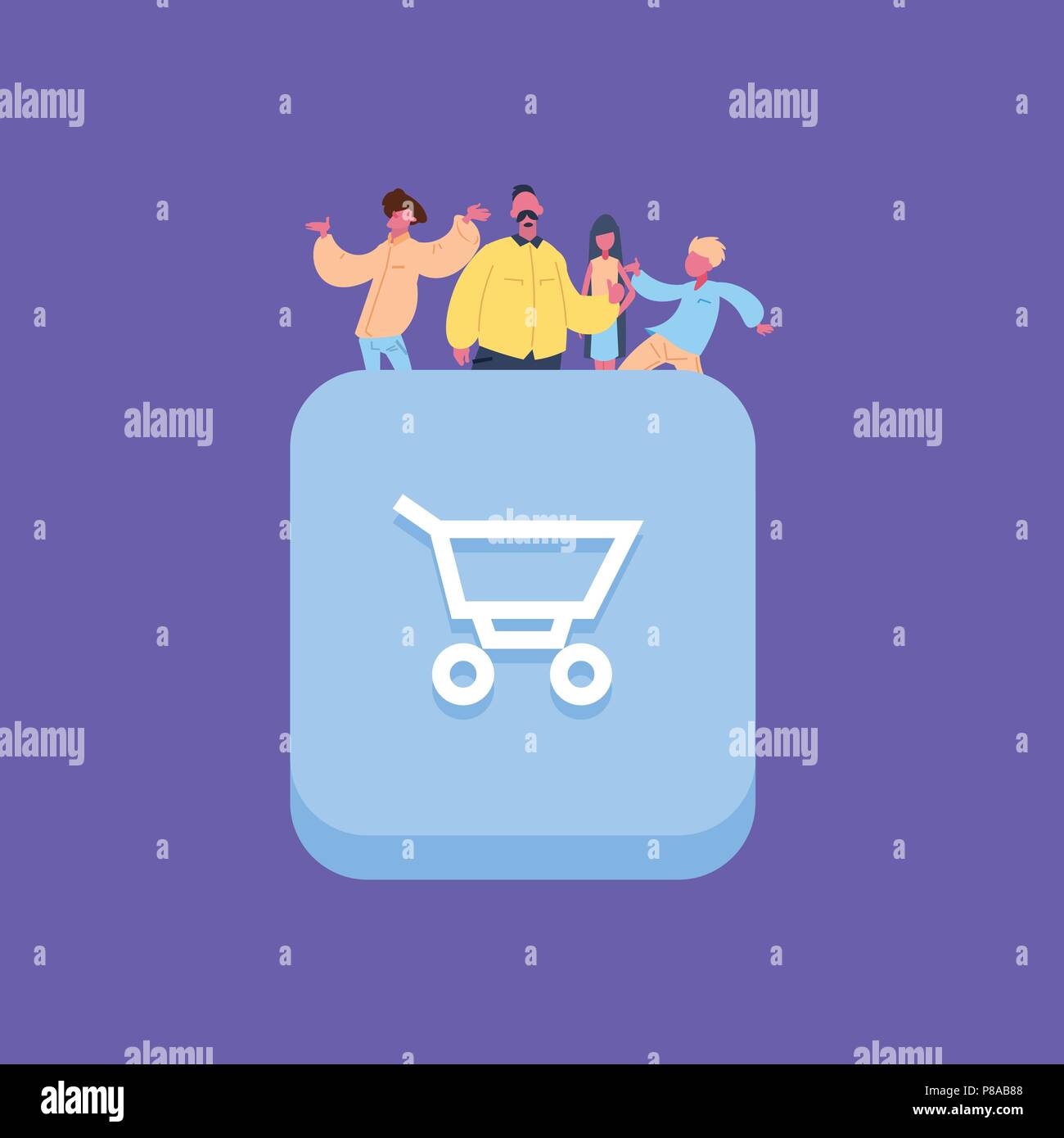 people group on shopping cart icon creative team over blue background