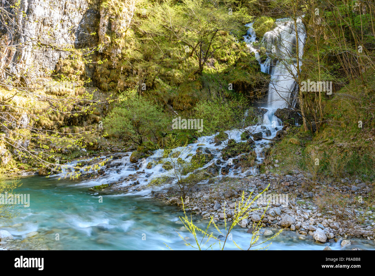 Beautiful waterfall in the pristine Mis Valley in the Dolomites, Italy Stock Photo