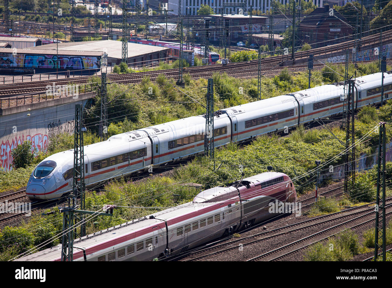 high speed trains Thalys and ICE, Cologne, Germany.  Hochgeschwindigkeitszuege Thalys und ICE, Koeln, Deutschland. Stock Photo