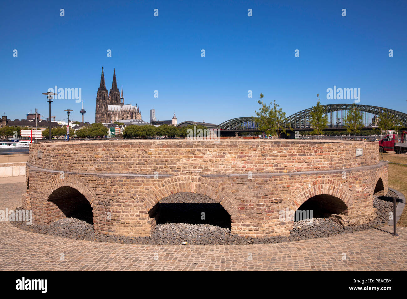 foundation of a former turning platform for steam locomotives at the former passenger terminal 'Deutz-Schiffsbruecke', the cathedral and the Hohenzoll Stock Photo