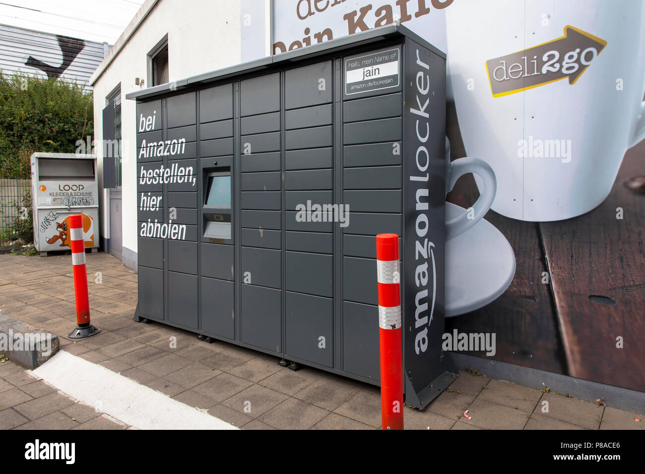 Amazon Locker pick-up station at Bonner street, Cologne, Germany.  Amazon Locker Abholstation an der Bonner Strasse, Koeln, Deutschland. Stock Photo
