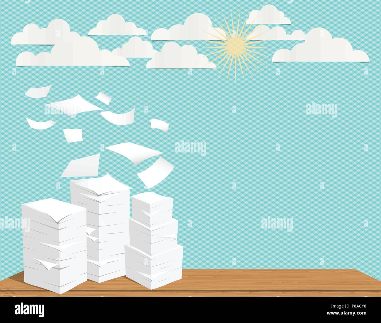 Stack of white sheets and flying paper in turquoise background with ...