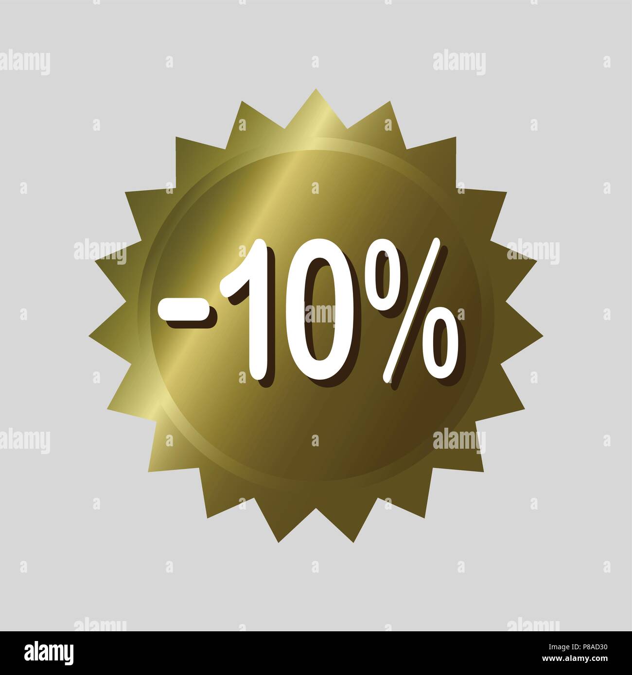 Price tag, '10% off' discount sticker. Golden vector label design on isolated background. Stock Vector