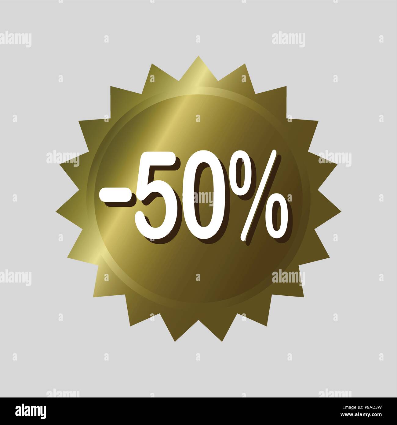 Price tag, '50% off' discount sticker. Golden vector label design on isolated background. Stock Vector
