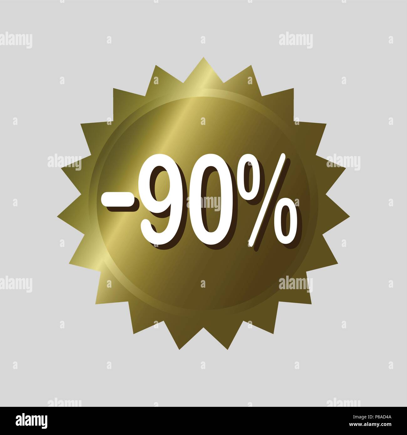 Price tag, '90% off' discount sticker. Golden vector label design on isolated background. Stock Vector