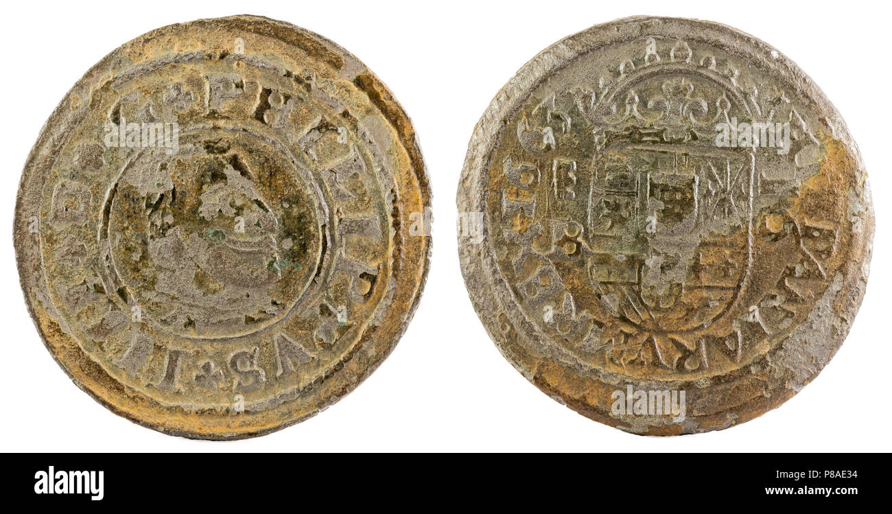 Ancient Spanish copper coin of King Felipe IV. 1663. Coined in Segovia. !6 Maravedis. Stock Photo