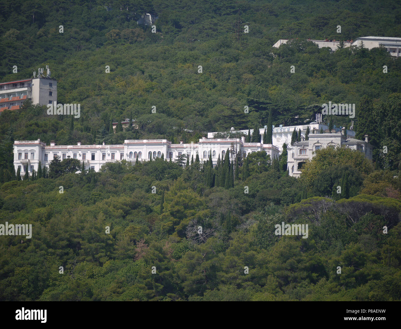 A large mountain mansion on a mountain, green slope, covered with trees ...