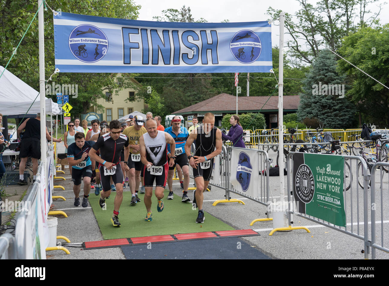 (L-R) Chris Hague, Robert, Mark Wilson, Scheungrab starting the 2018 Hague Endurance Festival Duathlon Stock Photo