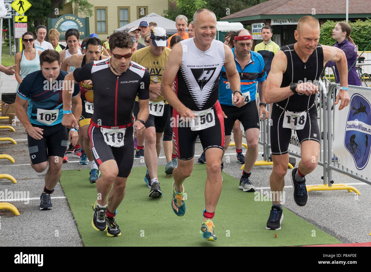 (L-R) Chris Hague, Robert, Mark Wilson, Scheungrab starting the 2018 Hague Endurance Festival Duathlon Stock Photo
