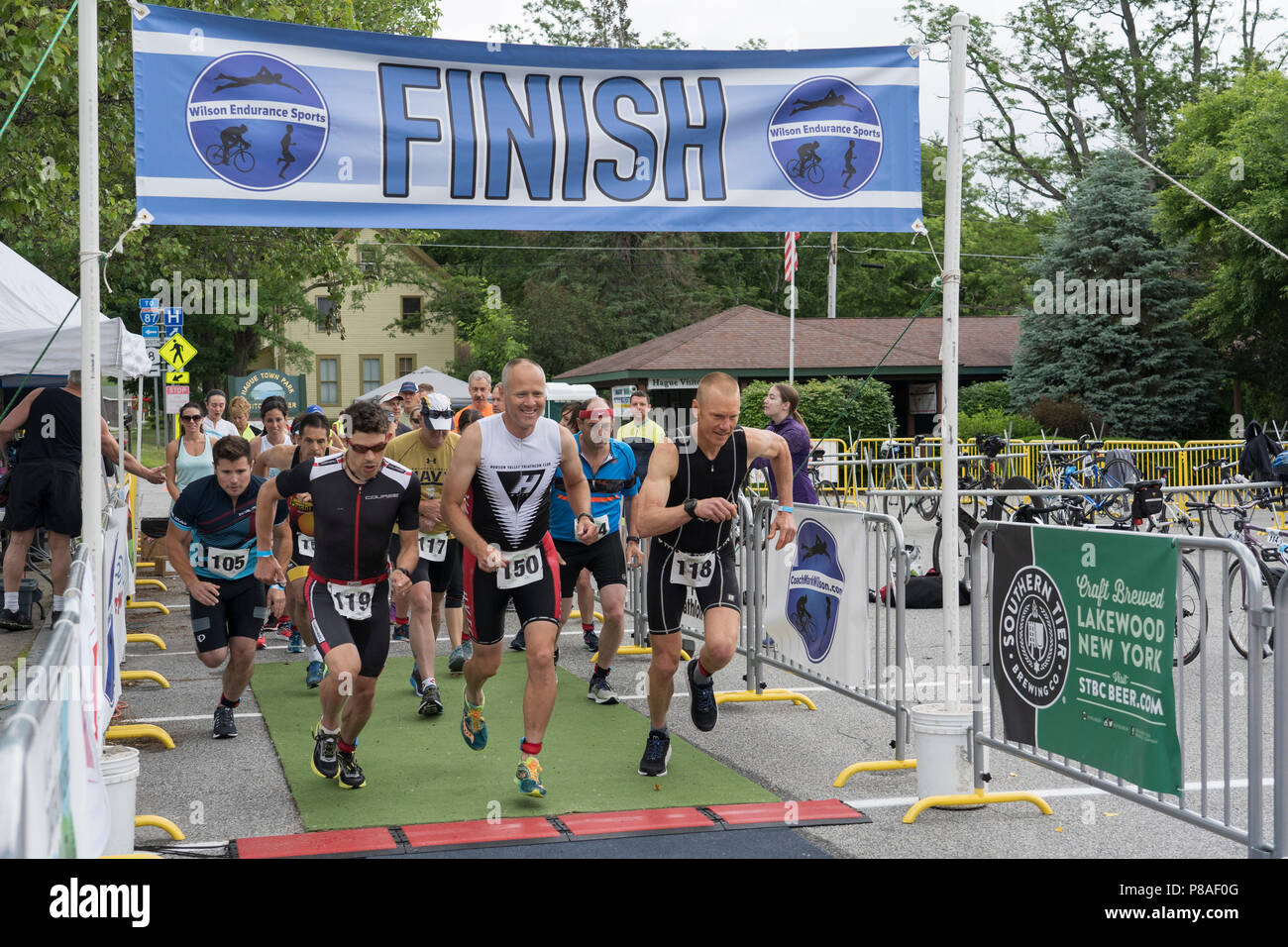 (L-R) Chris Hague, Robert, Mark Wilson, Scheungrab starting the 2018 Hague Endurance Festival Duathlon Stock Photo