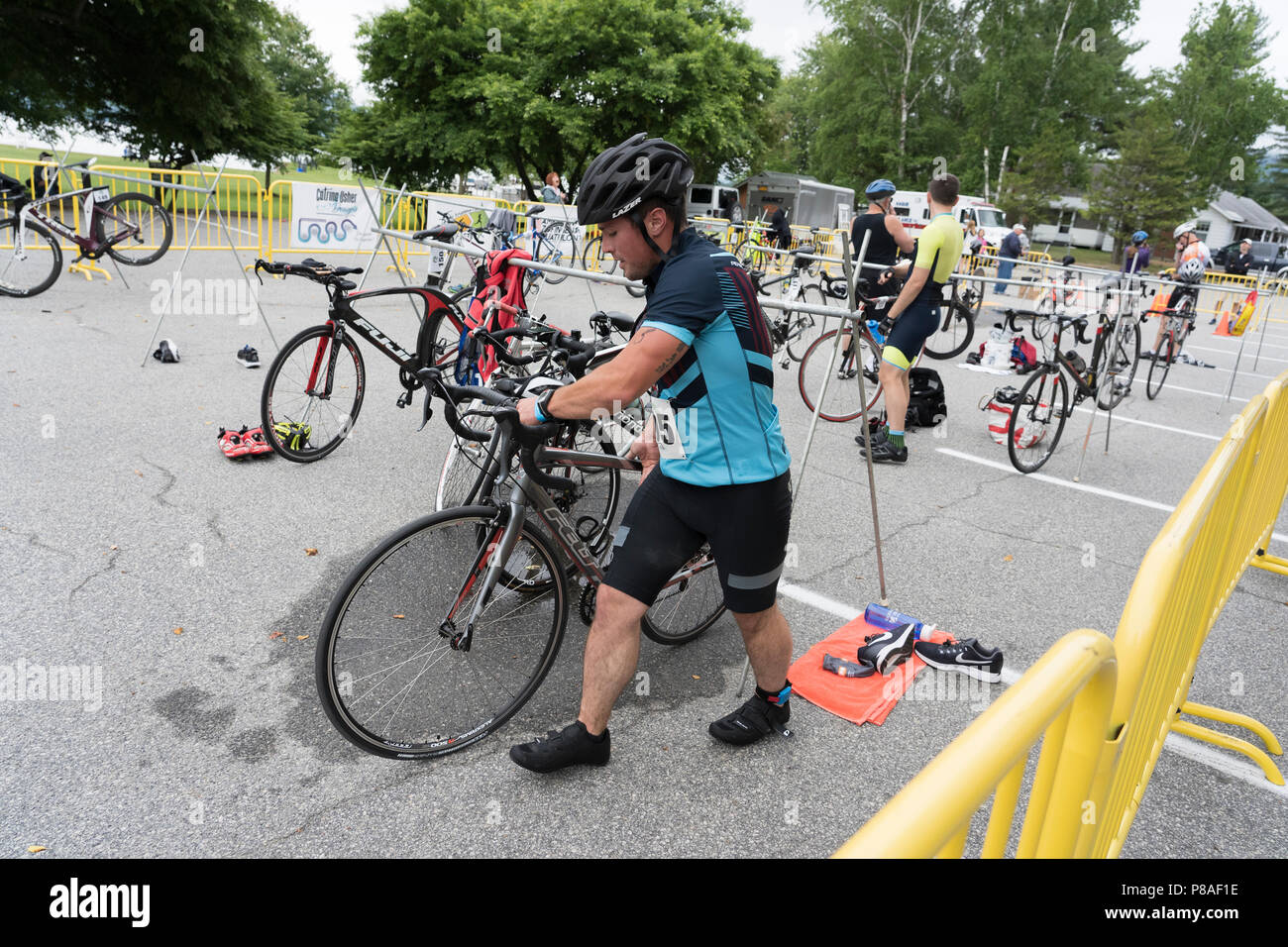 Patrick Wallace during the first bike to run transition  the 2018 Hague Endurance Festival Duathlon Stock Photo