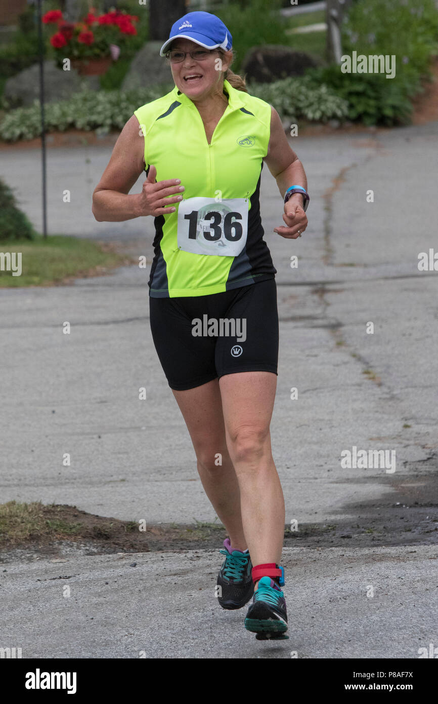 Cathy Haneham during the first run segment at the 2018 Hague Endurance Festival Duathlon Stock Photo