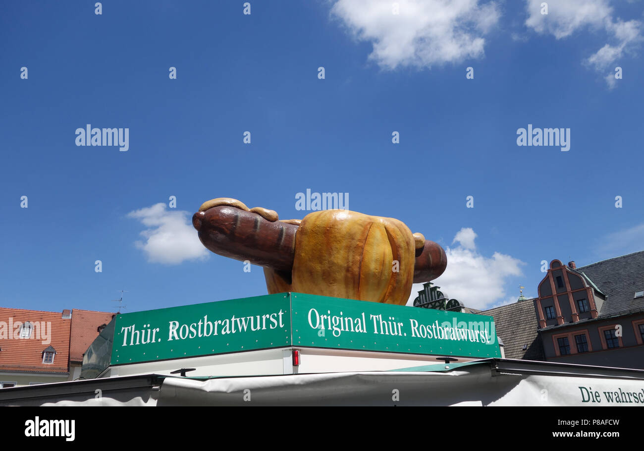 Advert marketing Rostbratwurst Thuringian sausage Weimar Germany Stock Photo