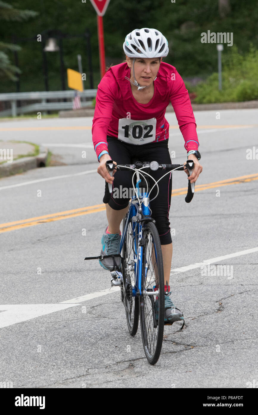 Susan Scheungrab during the bike segment at the 2018 Hague Endurance Festival Duathlon Stock Photo