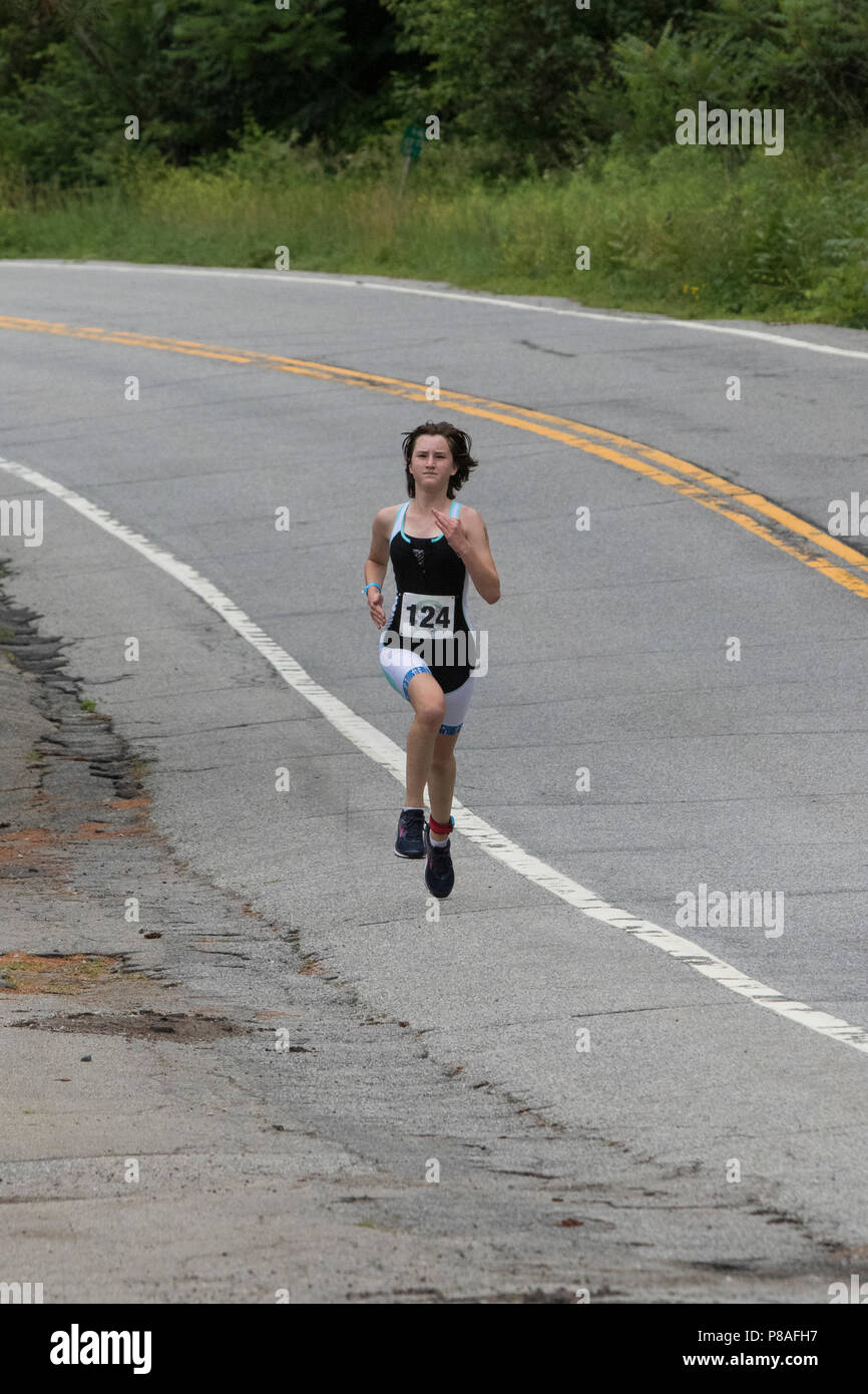 Carolyn Scheungrab during the second run segment at the 2018 Hague Endurance Festival Duathlon Stock Photo