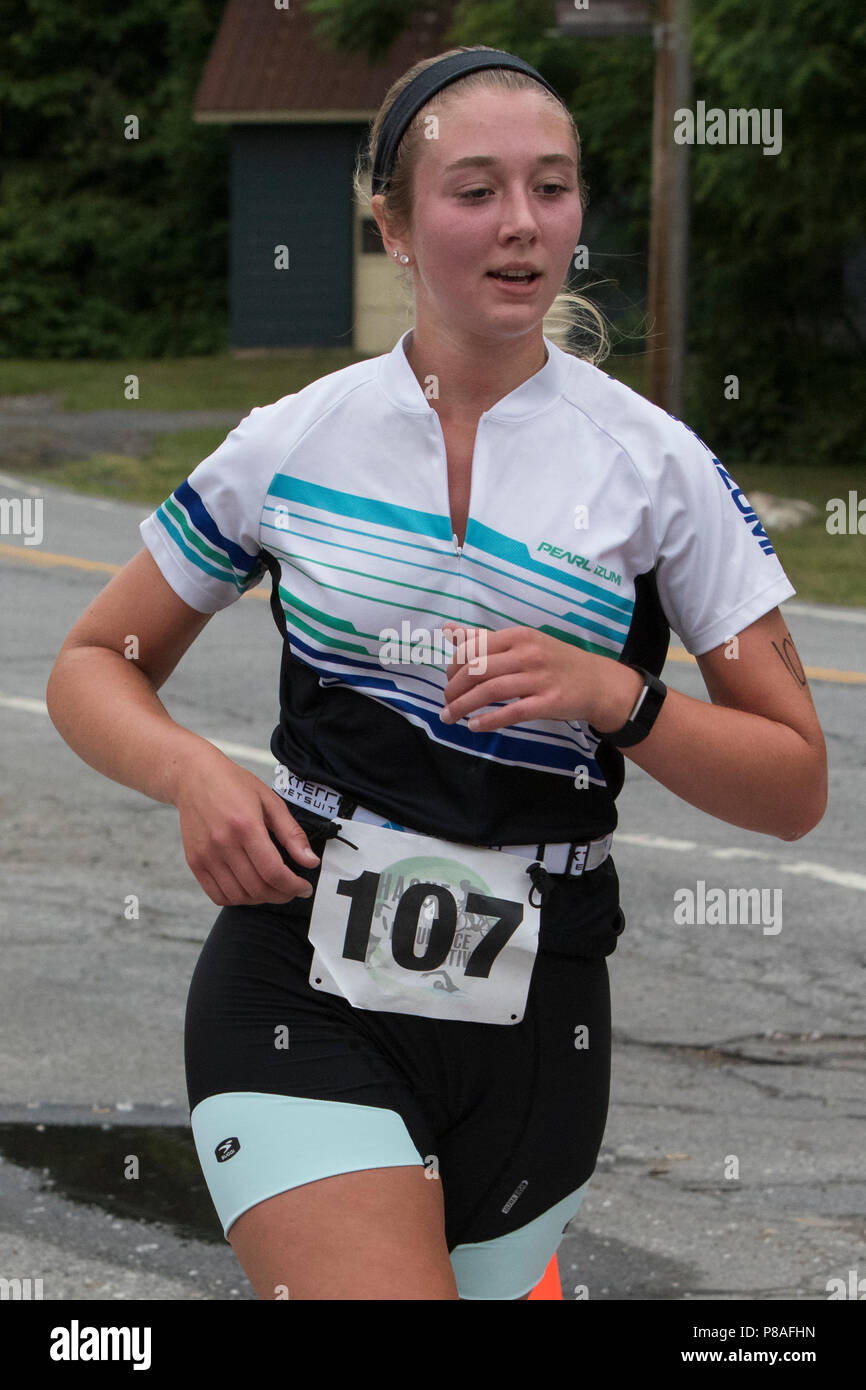 Lindsey Chase during the second run segment at the 2018 Hague Endurance Festival Duathlon Stock Photo