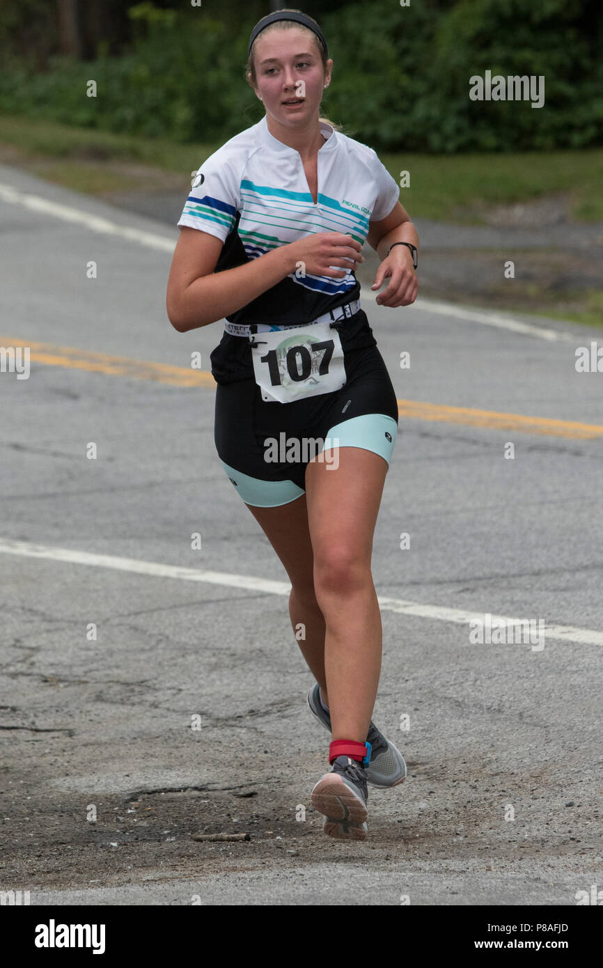 Lindsey Chase during the second run segment at the 2018 Hague Endurance Festival Duathlon Stock Photo