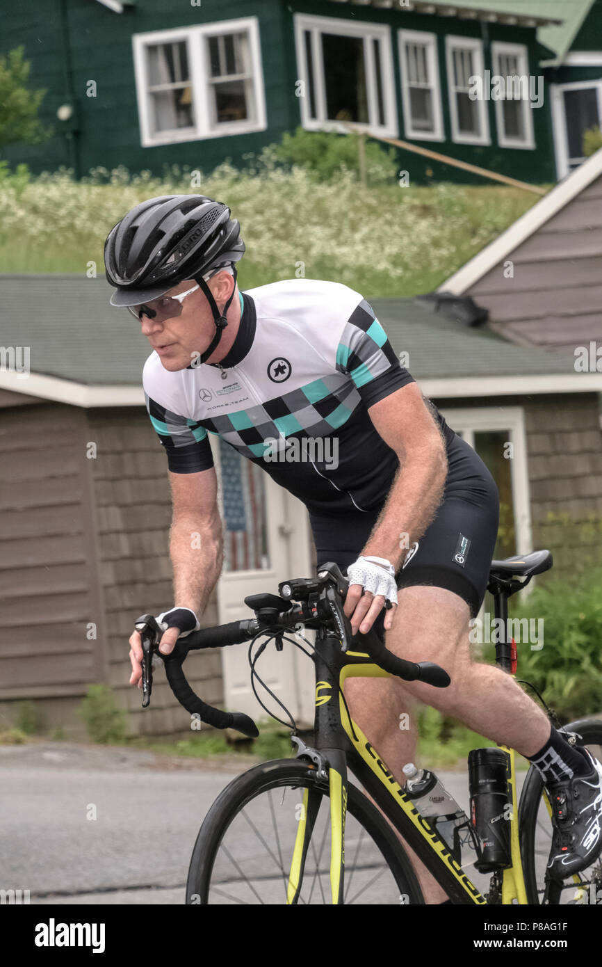 Male competitor in the bike segment in the 2018 Hague Endurance Festival Olympic Triathlon Stock Photo