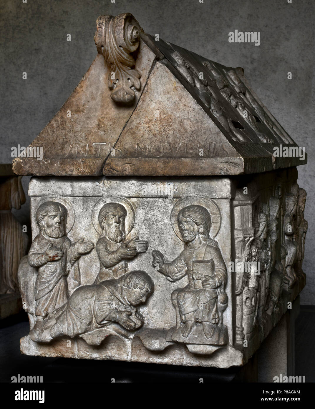 The basrelief of Saints Sergius and Bacchus (Sergio and Bacco) 1179 Museo di Castelvecchio  Verona. Italy Italian ( Master of 1179, Ark of Saints Sergius and Bacchus, 1179, stone ) Stock Photo
