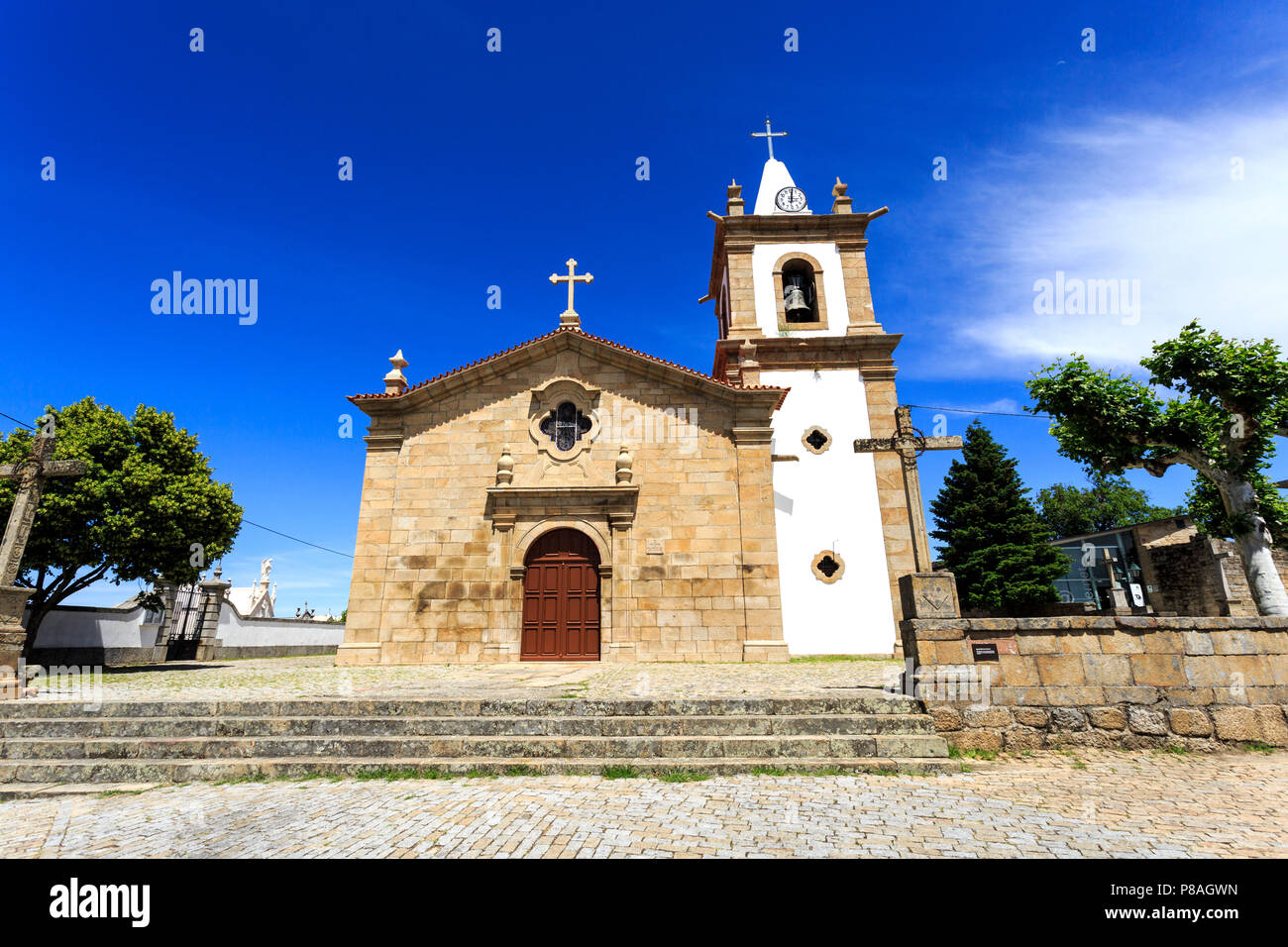 Facade of the Mannerist parish church built in the 16th century in the village of Caria, Castelo Branco, Portugal Stock Photo