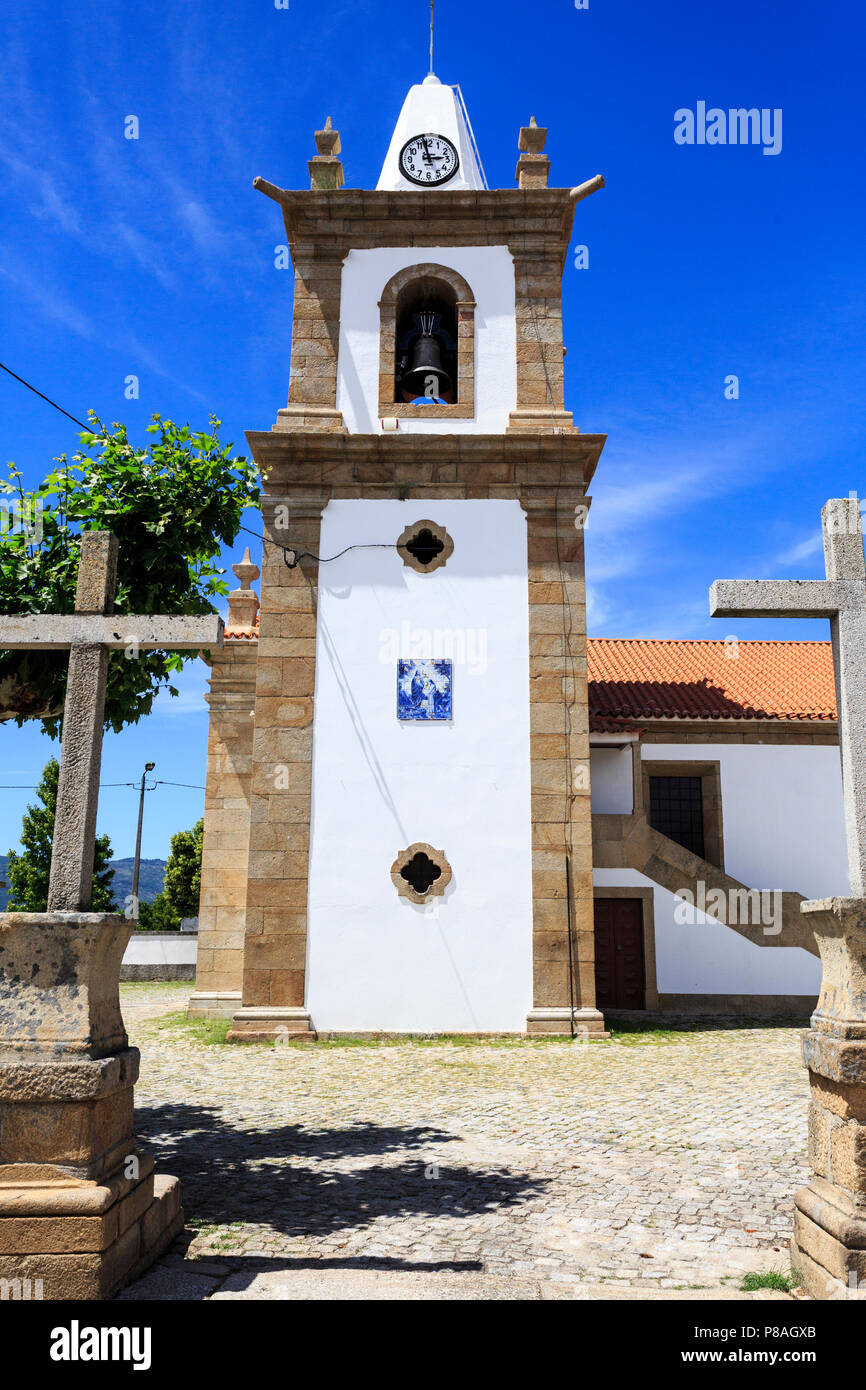 Bell tower of the Mannerist parish church built in the 16th century in the village of Caria, Castelo Branco, Portugal Stock Photo