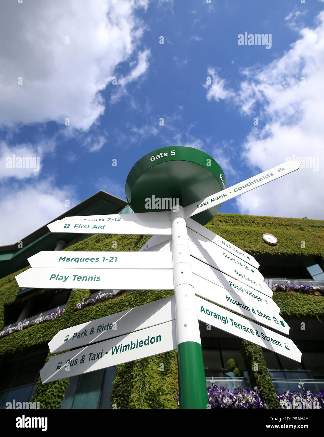 A Wimbledon sign post in the grounds on day eight of the Wimbledon