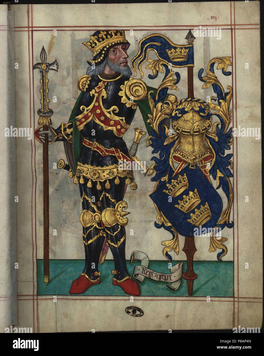 King Arthur (From Livro do Ameiro-Mor). Museum: Arquivo Nacional da Torre do Tombo. Stock Photo