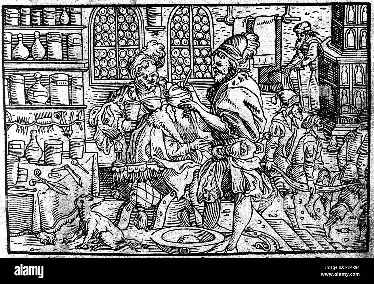 Operation on a man's head. From: Die große Wundarzney by Theophrastus Bombastus von Hohenheim. Museum: PRIVATE COLLECTION. Stock Photo