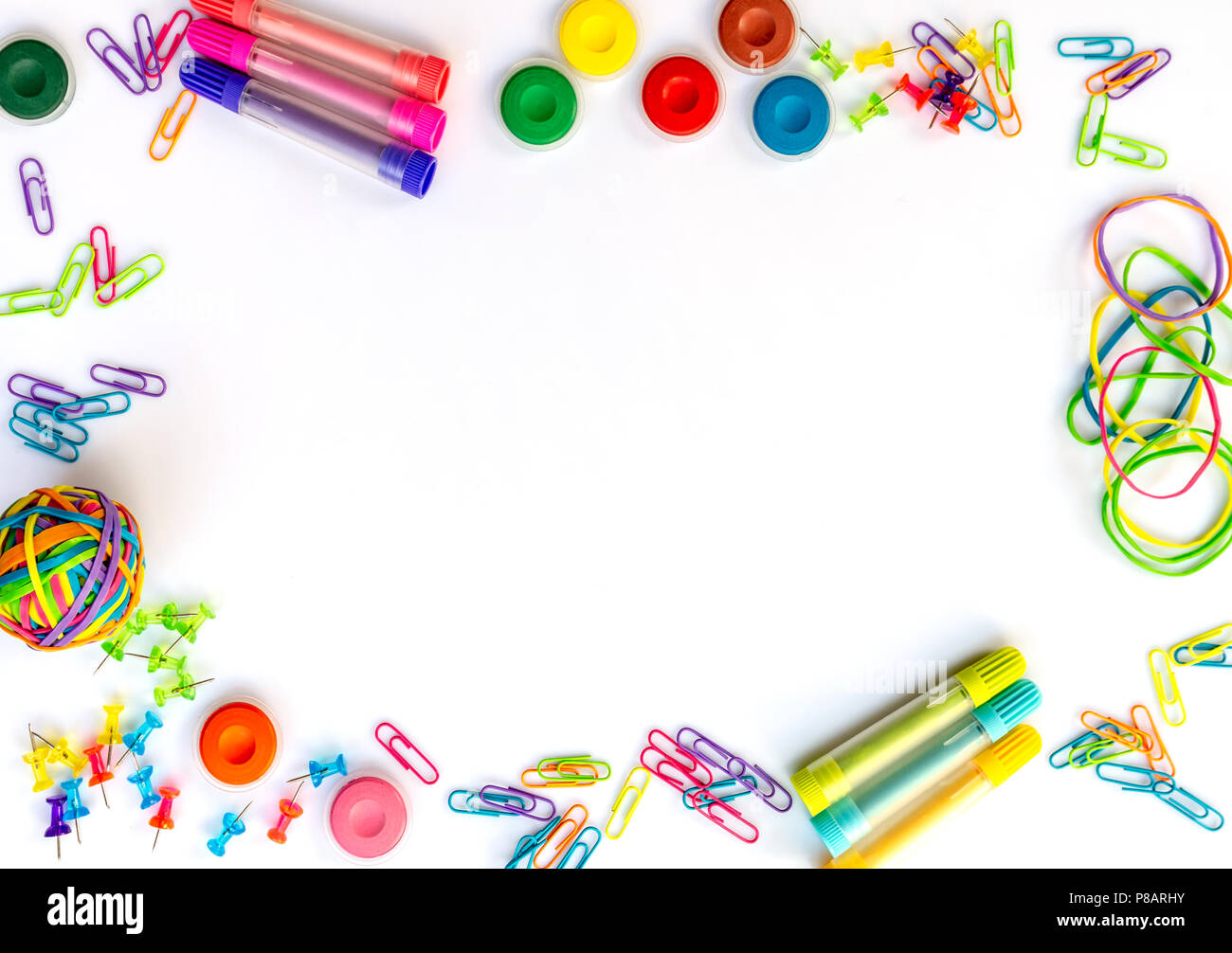 Background frame of colorful school supplies  isolated on white iwith copy space. Back to school concept Stock Photo