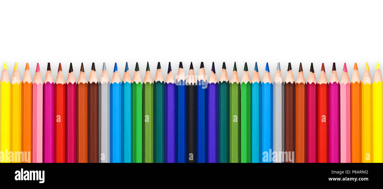 Row of colorful wooden pencils isolated on white background with copy space, back to school concept Stock Photo